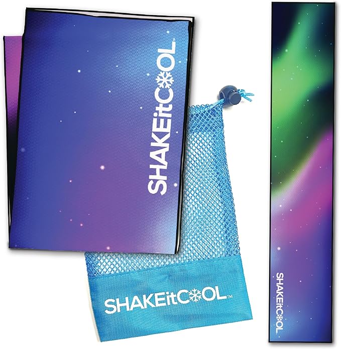 SHAKEitCOOL Original Cooling Towel โ Be Cool in Style - Heat Relief, Soft, Lightweight, Sun Protection, Easy Clean - Perfect for Biking, Running, Yoga, Gym, Gardening - Aurora
