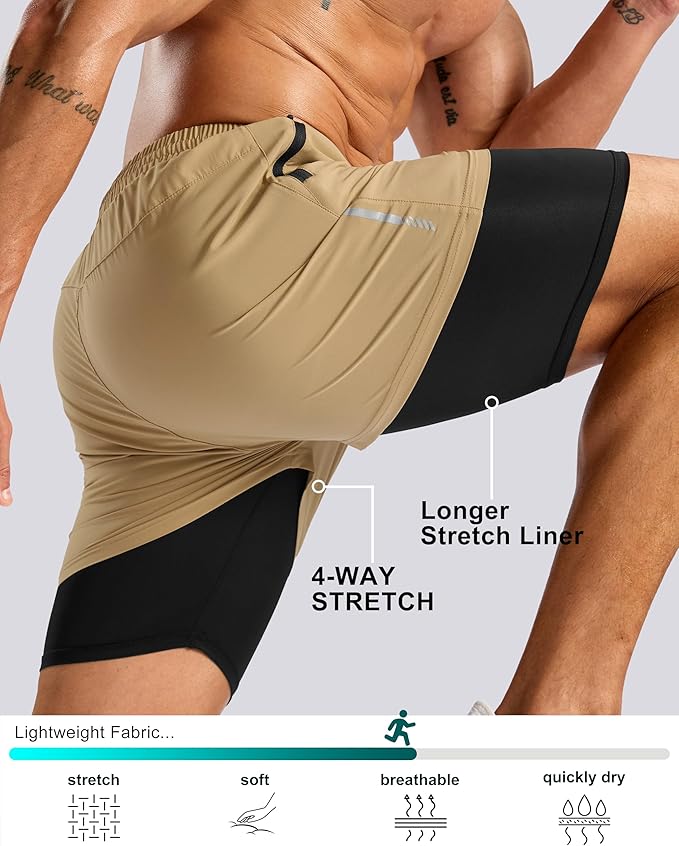 Pudolla Men's 7" Running Shorts with Zipper Pockets Quick Dry 2 in 1 Workout Gym Shorts with Liner for Tennis Yoga Training