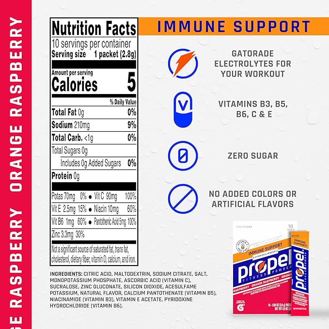 Propel Immune Support Electrolyte Enhanced Water Drink Mix Powder Packets, Orange Raspberry, 100% DV Vitamin C, Good source of Zinc, Zero Sugar Hydration with Electrolytes and Vitamins (120 Packets)