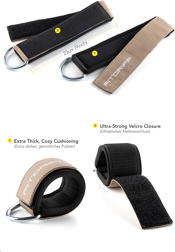 Fitgriff® Ankle Straps V2 for Cable Machine (2 Pieces) - Gym Workout Equipment - Leg Pulley Attachment, Kickback Straps