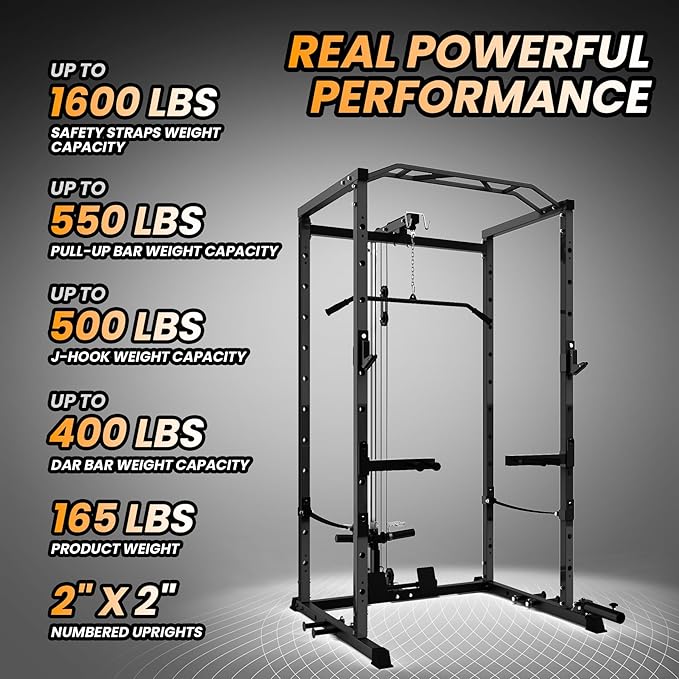 Power Cage with LAT Pulldown Machine - Squat Rack for Home Gym, Multi-Functional Weight Cage with Cable Pulley System, Dip Bars & Landmine Attachment