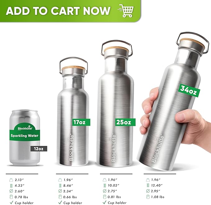 Blockhütte Vacuum Insulated Stainless Steel Water Bottle - 34 oz | Wide Mouth Insulated Metal Bottle for Cold Drinks | Perfect for Travel, School, Kids, Adults, Water Canteen, BPA-Free