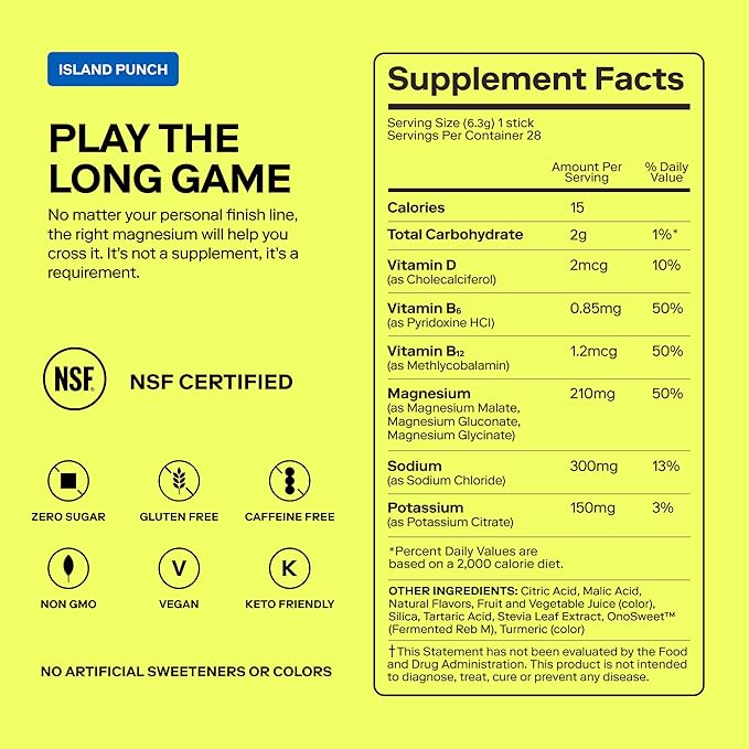 MAGNA Electrolytes Powder Drink Mix for Hydration, Energy & Focus Support with Magnesium L Threonate, Sodium, Potassium, Vitamin D, B6 & B12, Sugar Free, Island Punch Flavor, 28 Servings