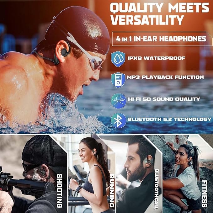 Swimming Headphones, IPX8 Waterproof Earbuds with 32GB MP3 Player | Bluetooth 5.2 Wireless | Noise Isolation Secure Fit for Underwater Music Swimming, Sports, Gym