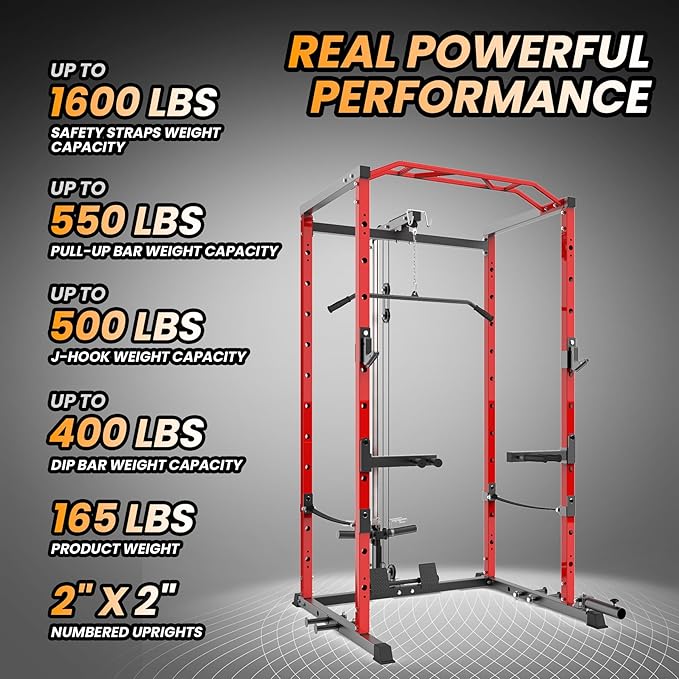 Power Cage with LAT Pulldown Machine - Squat Rack for Home Gym, Multi-Functional Weight Cage with Cable Pulley System, Dip Bars & Landmine Attachment