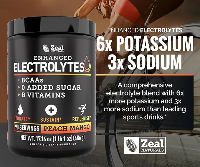 Zeal Naturals Electrolyte Powder Recovery Drink (90 Servings | Peach Mango) w 0 Sugar +BCAAs +B-Vitamins Electrolyte Supplement w Potassium Zinc & Magnesium for Hydration - Keto Electrolytes
