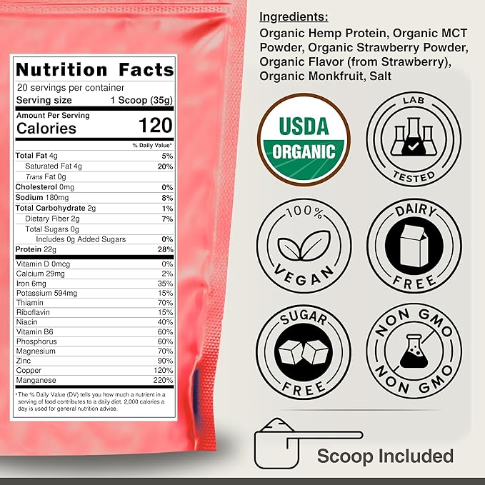 Organic Hemp Protein Powder, Plant Based and Vegan Protein Shake, Lactose and Dairy Free, Gluten Free, Clean and Natural- Strawberry (20 Servings)