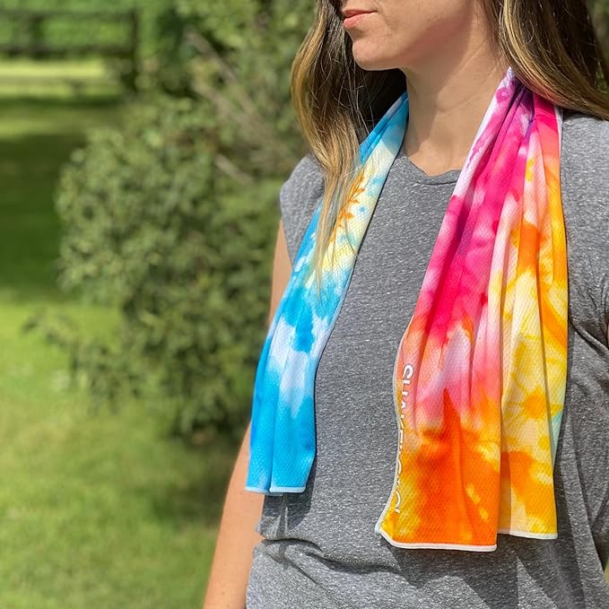 SHAKEitCOOL Extended Size Cooling Towel โ Be Cool in Style - Heat Relief, Soft, Lightweight, Sun Protection, Easy Clean - Perfect for Biking, Hiking, Running, Yoga, Golf, Gardening - Tie Dye Ring M