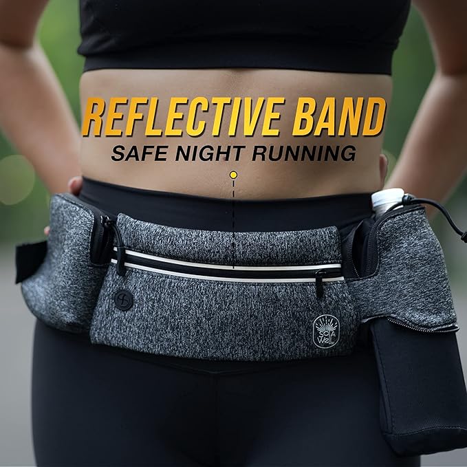 Running Belt with Water Bottle Holder - Waist Bag With Extender for Jogging, Hiking, Cycling, Walking - Dog Walker Hydration Fanny Pack - Sport Pouch iPhone Carrier for Women and Men - Gray