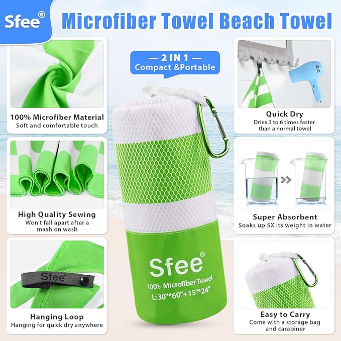 Sfee 2 in 1 Microfiber Oversized Beach Towel, Quick Dry Towel Travel Towel Camping Towel Super Absorbent Compact Lightweight Sports Gym Towels for Beach,Gym, Hiking, Pool, Backpacking, Bath, Yoga