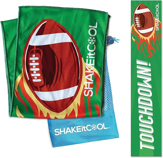 SHAKEitCOOL Original Cooling Towel โ Be Cool in Style - Heat Relief, Soft, Lightweight, Sun Protection, Easy Clean - Perfect for Biking, Running, Yoga, Gym, Gardening - Football