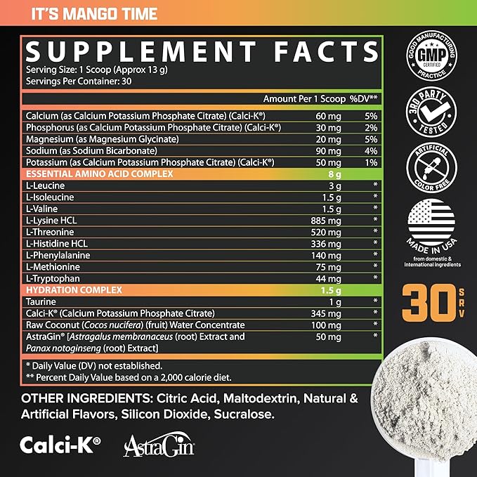 Nutrex Research EAA Hydration | EAAs + BCAA Powder | Muscle Recovery, Strength, Muscle Building, Endurance | 8G Essential Amino Acids + Electrolytes | 30 Servings It's Mango Time