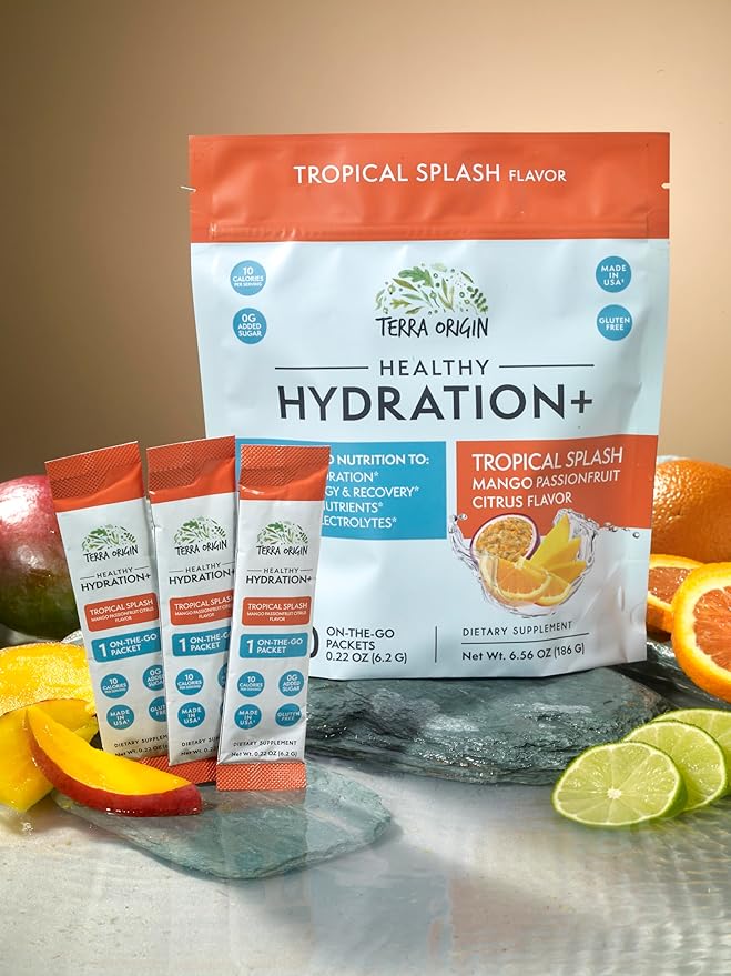 TERRA ORIGIN Healthy Hydration+ Tropical Splash Electrolyte Powder Packets | After Alcohol Aid with DHM | Mango Passionfruit Citrus Flavor | 30 On The Go Packs