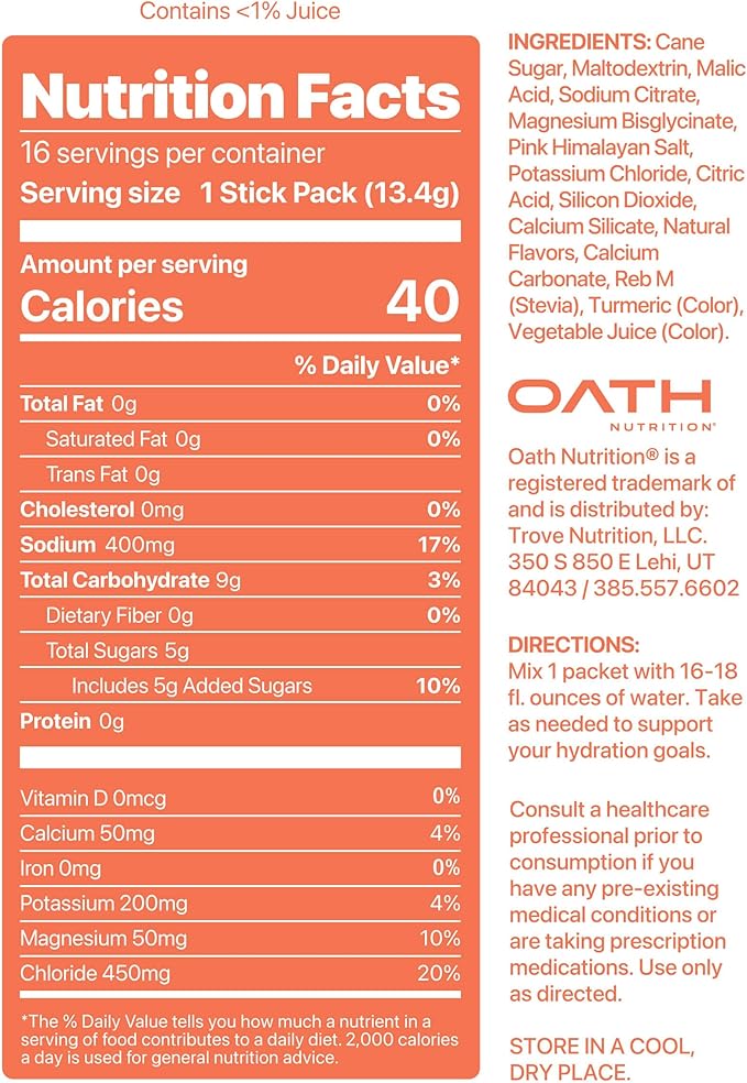 Oath Nutrition Hydration Electrolyte Powder, Complete Electrolyte Blend for Rapid Hydration and Muscle Support, 16 Single-Serve Packets, Peach Nectarine