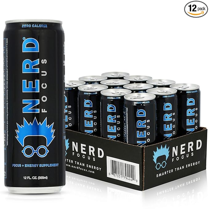 Nerd Focus Zero Calorie Drink | Nootropic Mind Boost & Pre Workout Drink | Sugarfree & Calorie-Free Energy | Mental Clarity, Focus, Performance | Lightly Carbonated | Refreshing Flavor