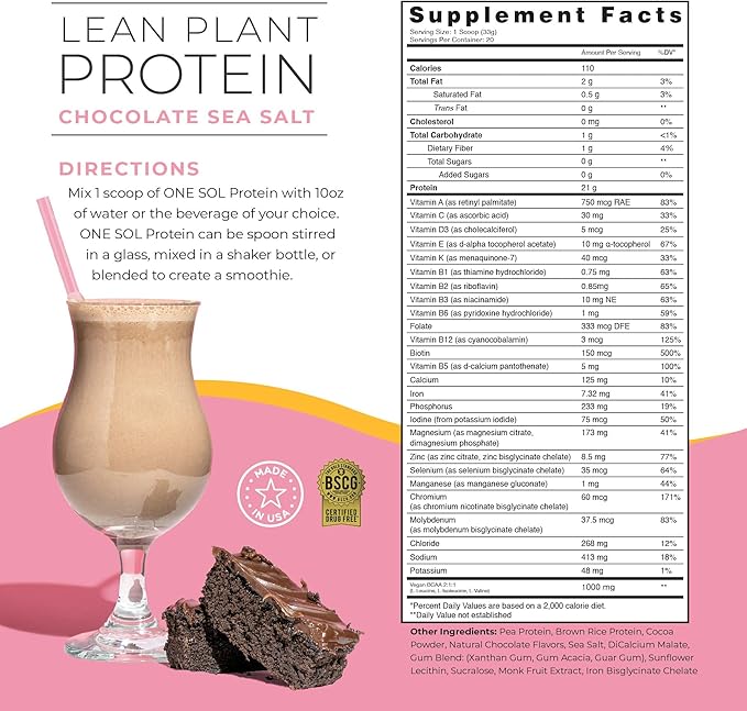 One Sol Lean Plant-Based Protein Powder, Pea & Brown Rice Protein, Low Carb, Vegan Friendly - Gluten, Lactose, & Soy Free - No Added Sugar, Non-GMO, Clean Nutrition, No Bloating (Chocolate Sea Salt)