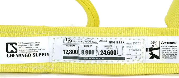 3 Ply Slings. Many Lengths in Listing! (USA Made), 3" x8' Nylon Lifting Web Sling. 12,300 lbs Vertical, 9,900 Choker, 24,600 Basket, High Capacity Eye & Eye (3" x8')