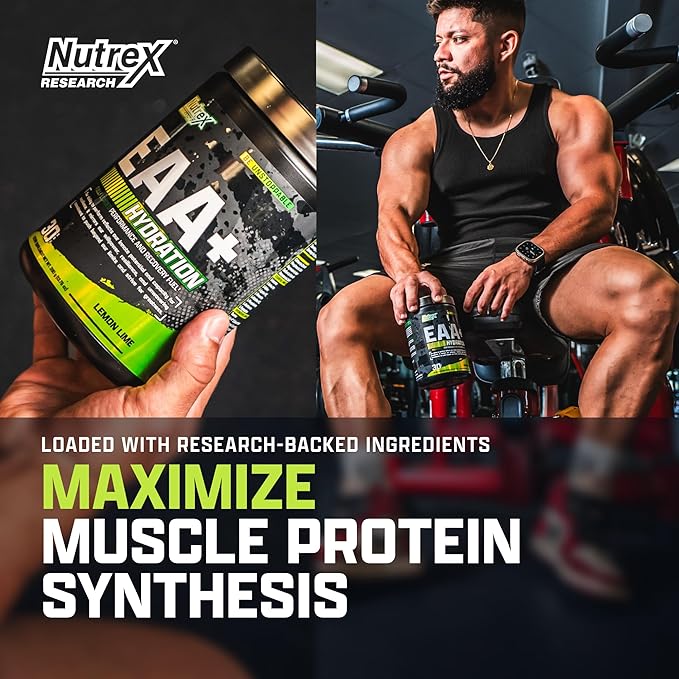 Nutrex Research EAA Hydration | EAAs + BCAA Powder | Muscle Recovery, Strength, Muscle Building, Endurance | 8G Essential Amino Acids + Electrolytes | (Packaging My Vary) 30 Servings (Lemon Lime)