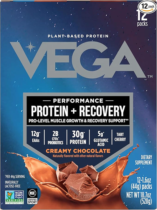Vega Protein + Recovery - 30g Plant-Based Protein per Serving, Chocolate, 12 x 1.6oz Sachets, 5g BCAAs, Probiotics, NSF Certified, For Shakes & Smoothies, (Packaging May Vary)