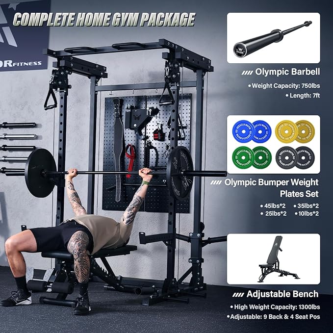 MAJOR FITNESS Drone3 Power Rack, Multi-Function Home Gym Squat Rack with Pull-Up Bar, Cable Crossover & J-Hooks, Heavy-Duty Steel Frame for Maximum Stability & Strength Training