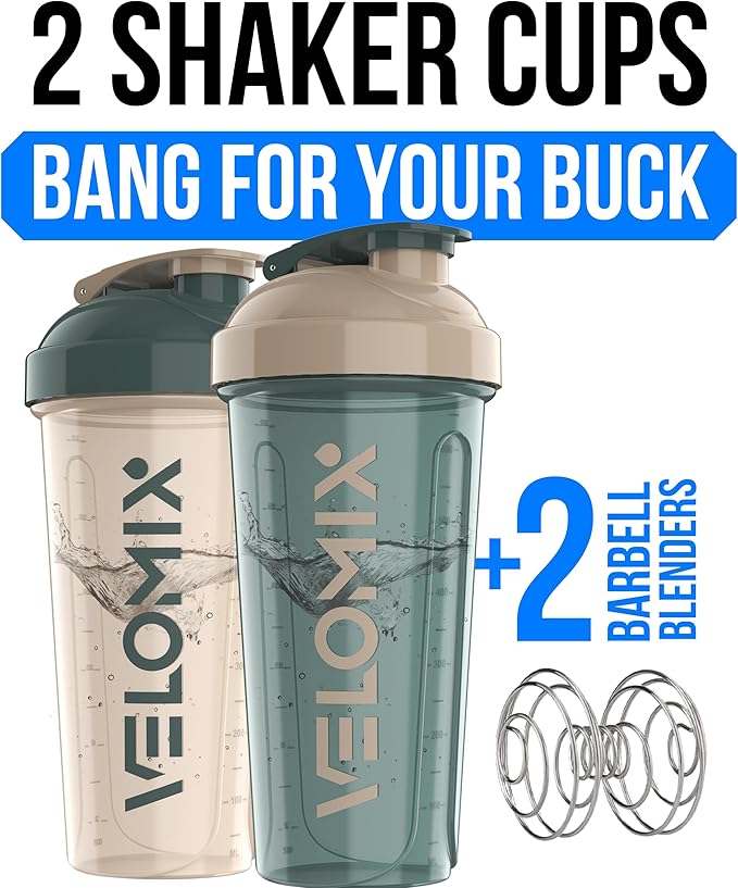 VELOMIX -2 Pack- 28 oz Protein Shaker Bottles for Protein Mixes - 2x Wire Whisk | Leak Proof Shaker Cups for Protein Shakes | Protein Shaker Bottle Pack | Shakers for Protein Shakes-Blue&Beige