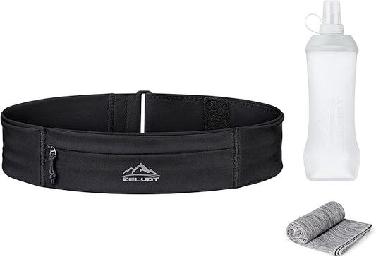 Running Belt with 400ml Soft Flask, Extension Strap & Phone Holder, Adjustable Running Fanny Pack with Gym Towel, Waterproof Belt Bag for Women Men for Jogging Marathon (Black, Large)