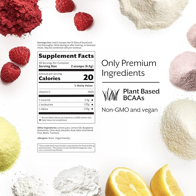 Promix BCAA Post-Workout Energy Powder - 5g Micronized BCAAs, Sugar Free, Plant Based, Vegan, Keto - Raspberry Lemon - 30 Servings (Pack of 1)