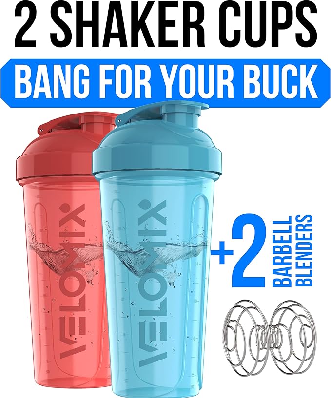 VELOMIX -2 Pack- 28 oz Protein Shaker Bottles for Protein Mixes - 2x Wire Whisk | Leak Proof Shaker Cups for Protein Shakes and Pre Workout | Protein Shaker Bottle Pack (Blue/Pink)