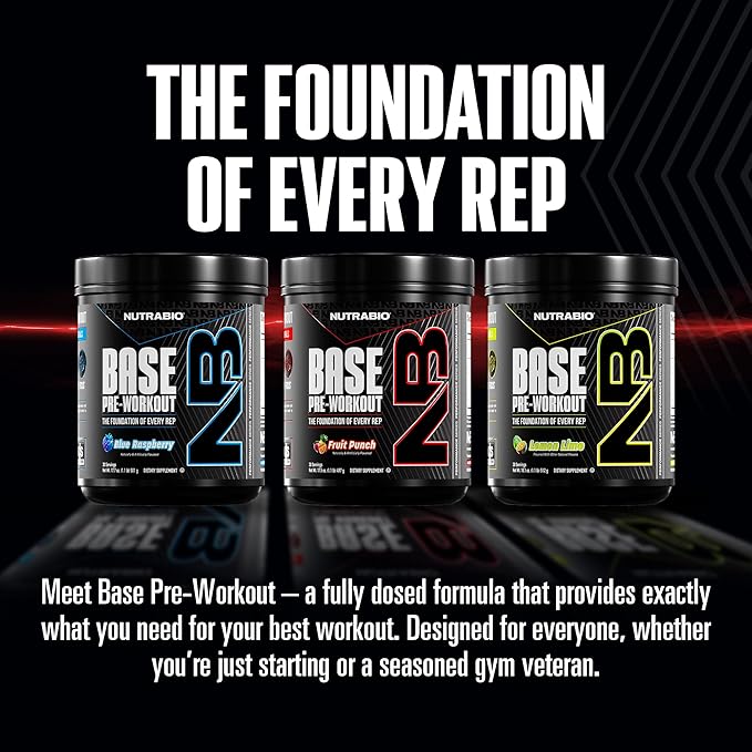 NutraBio Base Pre-Workout Powder 200mg Caffeine, Sustained Energy, Focus, Endurance, Pump, Sugar Free, Clean Preworkout for Men and Women - Beta Alanine, L-Tyrosine, 30 Servings - Blue Raspberry
