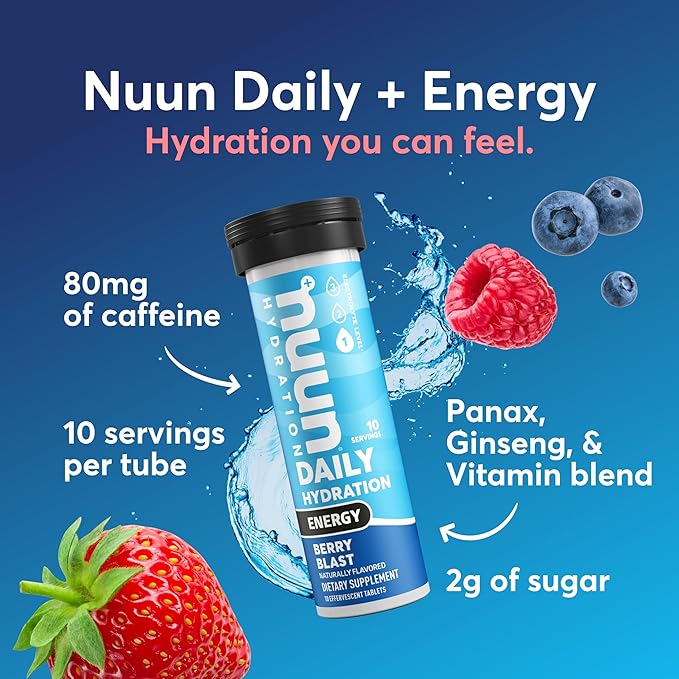 Nuun Energy Electrolyte Tablets with Ginseng, Caffeine from Green Tea Extract, Vitamin B12, B6, B5, Magnesium & 4 Other Electrolytes, Gluten Free & Vegan, Berry Blast, 8 Pack (80 Servings Total)