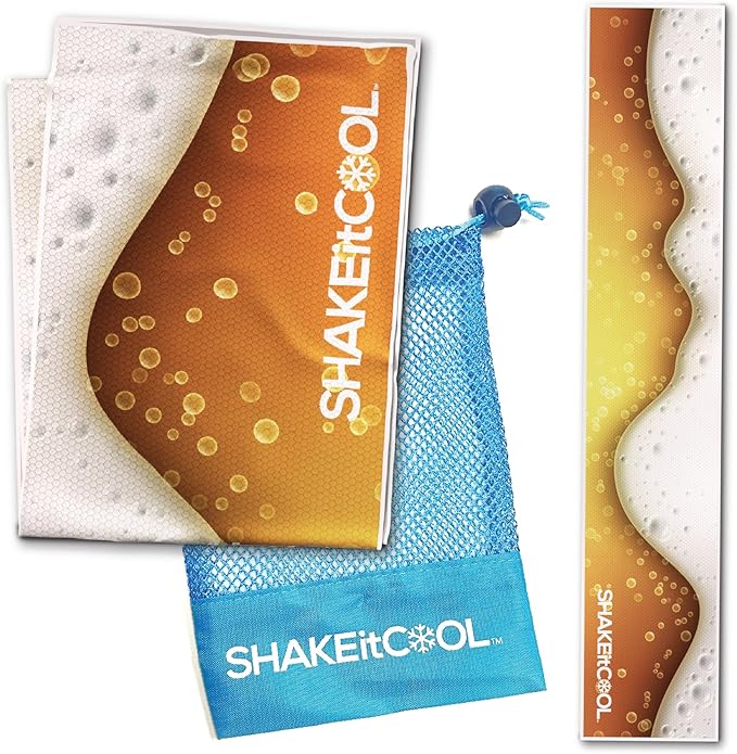 SHAKEitCOOL Original Cooling Towel โ Be Cool in Style - Heat Relief, Soft, Lightweight, Sun Protection, Easy Clean - Perfect for Biking, Running, Yoga, Gym, Gardening - Beer