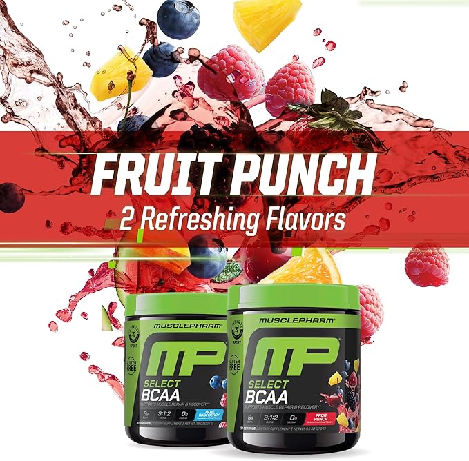 MusclePharm Essentials BCAA Powder, Pre & Post Workout Recovery Drink, Supports Muscle Recovery & Energy, Essential Amino Acids, 30 Serv, Fruit Punch