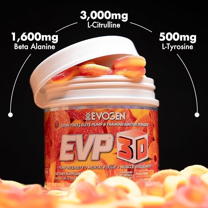 Evogen EVP-3D | Extreme Pre-Workout Pump Ignitor, Arginine Nitrate, Citrulline, Beta-Alanine, Lions Mane | Peach Rings | 40 Servings