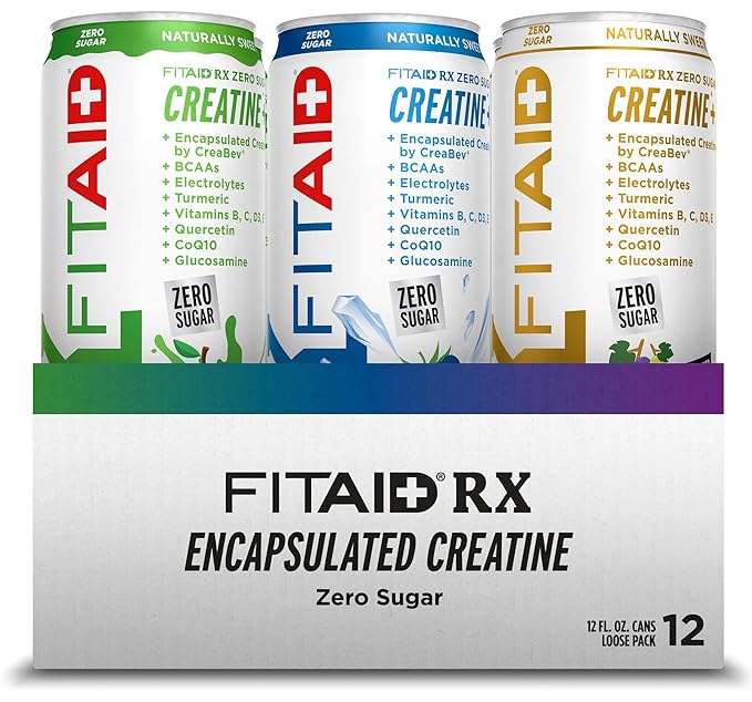 FITAID RX Zero Sugar, Encapsulated Creatine, Workout Recovery Drink, All-In-One Blend, BCAAs, Glucosamine, Turmeric, B-Complex, Electrolytes, Variety Pack, 12 Fl Oz (Pack of 12)
