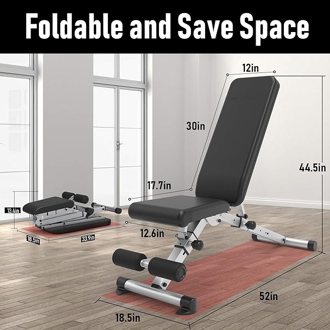 leikefitness Adjustable Weight Bench Foldable Workout Exercise Bench with Automatic Lock for Upright Incline Decline and Flat Full Body Exercise