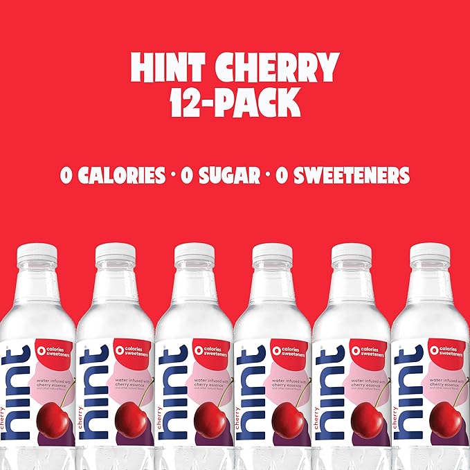 Hint Fruit-Infused Bottled Water, Cherry - Sugar Free Flavored Water with Zero Calories, Naturally Flavored, and No Artificial Sweeteners - 16 Fl Oz (Pack of 24)