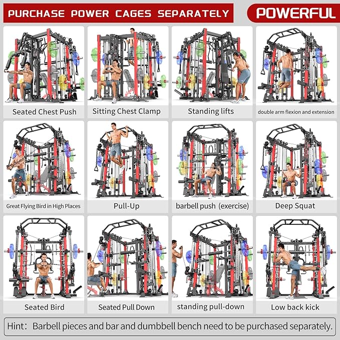 Smith Machine with Cable Crossover System, Multi-Function Squat Rack Power Cage for Home Gym, Power Rack and Packages Weight Sets