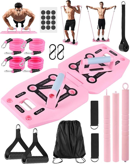 Home Gym Exercise Equipment - Portable Workout System 17 Fitness Accessories 9 in1 Push Up Board Set, Resistance Bands with Pilates Bar Strength Training Abs Shoulders