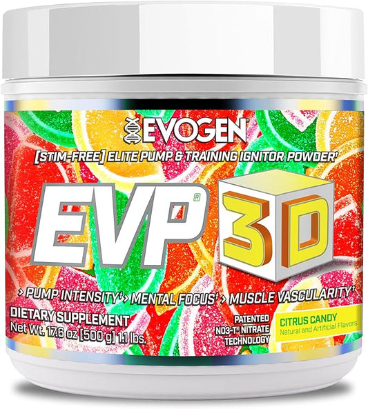 Evogen EVP 3D - Stim Free Pre Workout Powder for Men & Women | Sugar Free Non Stim Preworkout with Beta Alanine and Creatine for Energy & Pump | Citrus Candy | 40 Servings
