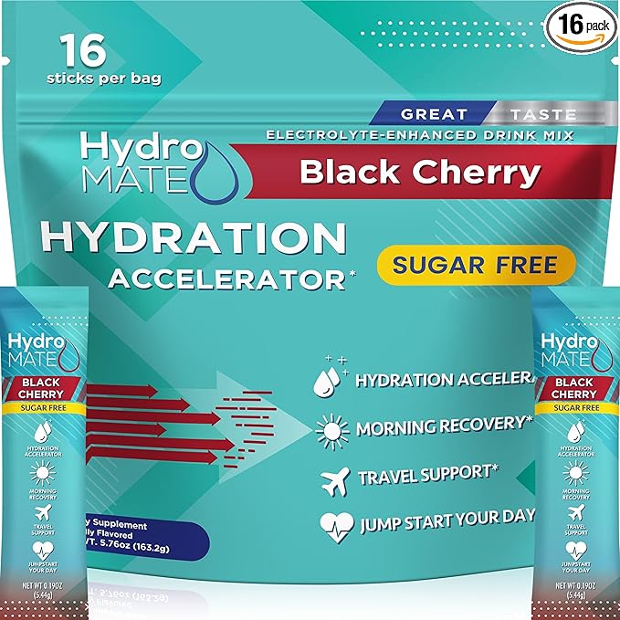 Electrolyte Powder Sugar-Free Hydration Packets Black Cherry HydroMATE 16 Sticks
