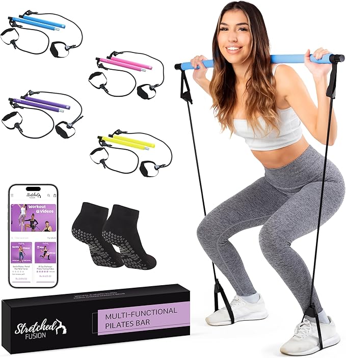 Stretched Fusion Pilates Bar Kit for Home Workouts | Portable Home Pilates Kit Set for Women & Men | Workout Bar for Legs, Hip, Waist and Arm | Includes Pilates Socks, 30-Day Challenge & Meal Plan