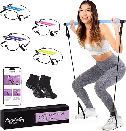 Stretched Fusion Pilates Bar Kit for Home Workouts | Portable Home Pilates Kit Set for Women & Men | Workout Bar for Legs, Hip, Waist and Arm | Includes Pilates Socks, 30-Day Challenge & Meal Plan