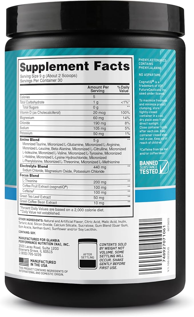 Optimum Nutrition Amino Energy Powder Plus Focus, with BCAA, Electrolytes, and Caffeine, Tropical Lemonade, 30 Servings (Packaging May Vary)