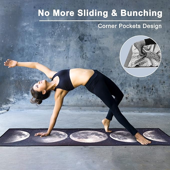QiyI Yoga Mat Towel with Corner Pockets, Non Slip Sweat Absorbent Hot Yoga Towels, Soft Yoga Blankets with Travel Bag, Skidless Mat Cover for Workout, Gym, Fitness - 74"x26", Moon Cycle