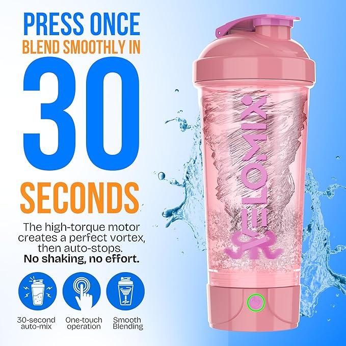 VELOMIX Electric Protein Shaker Bottle - 24 oz | USB-C Rechargeable | Leak Proof Shaker Cups for Protein Shakes | Portable Blender for Shakes and Smoothies (Electric - Pink)