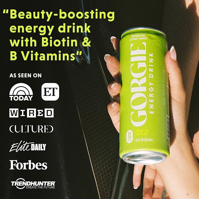 GORGIE Sugar Free Natural Energy Drinks, Sparkling Citrus Burst (12 Pack) - Healthy Energy Drinks - Natural Coffee Replacement with Green Tea Caffeine and Biotin - 150mg Caffeine, Vegan, & Low Calorie