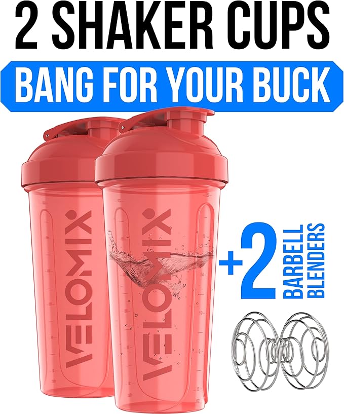 VELOMIX -2 Pack- 28 oz Protein Shaker Bottles for Protein Mixes - 2x Wire Whisk | Leak Proof Shaker Cups for Protein Shakes | Protein Shaker Bottle Pack (Pink Set)