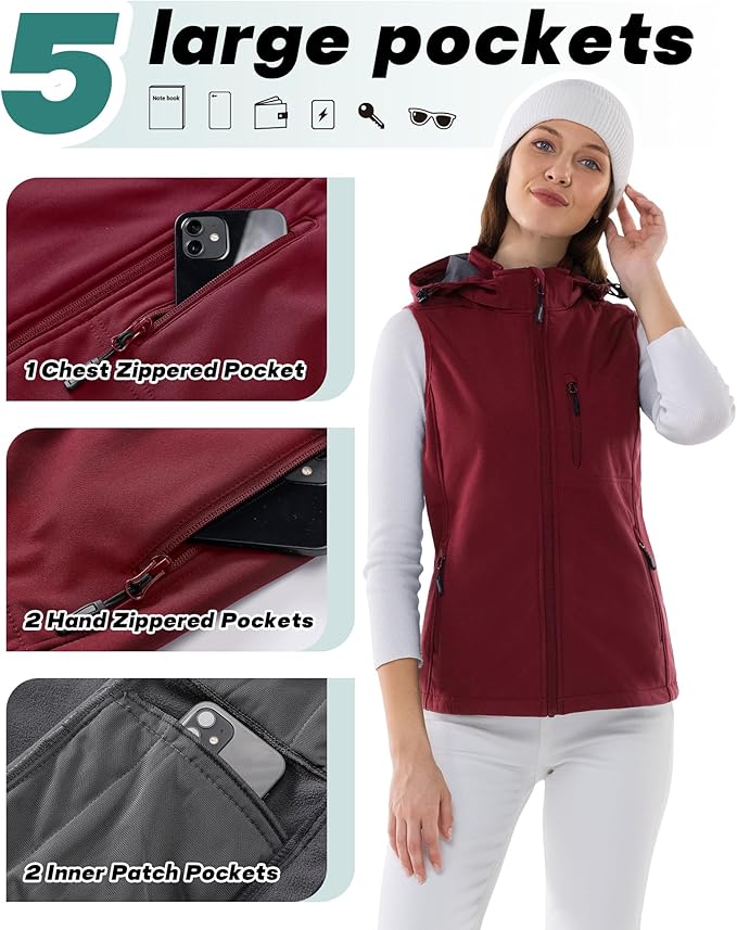 Outdoor Ventures Women's Hooded Lightweight Softshell Vest, Windproof Fleece Lined Sleeveless Jacket for Golf Running Travel