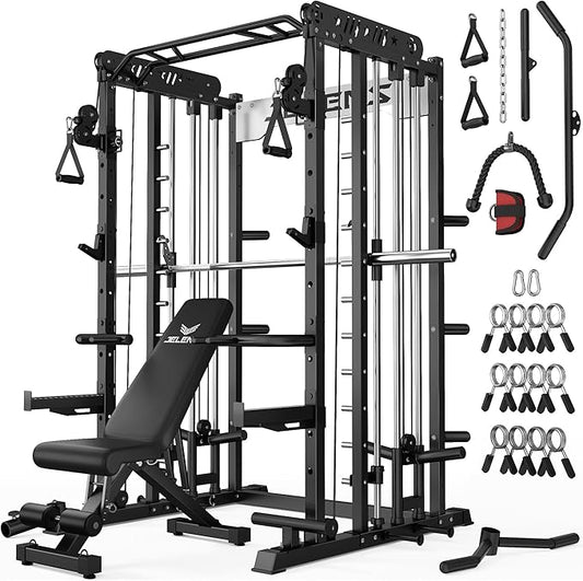 Smith Machine for Home Gym, Multi-Function M12 Power Cage with Cable Crossover System, Squat Rack with Smith Bar and More Attachment