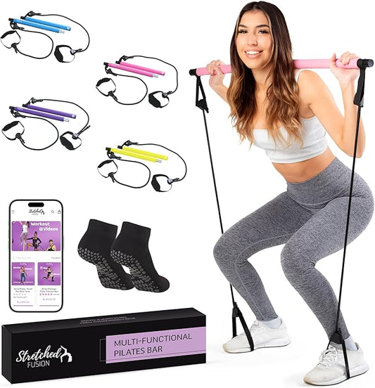 Stretched Fusion Pilates Bar Kit for Home Workouts | Portable Home Pilates Kit Set for Women & Men | Workout Bar for Legs, Hip, Waist and Arm | Includes Pilates Socks, 30-Day Challenge & Meal Plan
